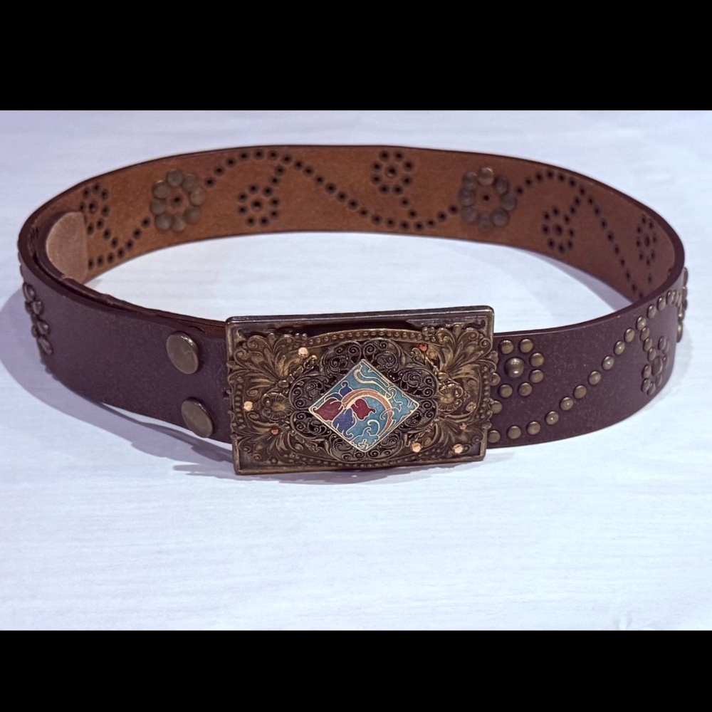 Floral Studded Brown Leather Belt w/Filigree Enamel Belt Buckle Small